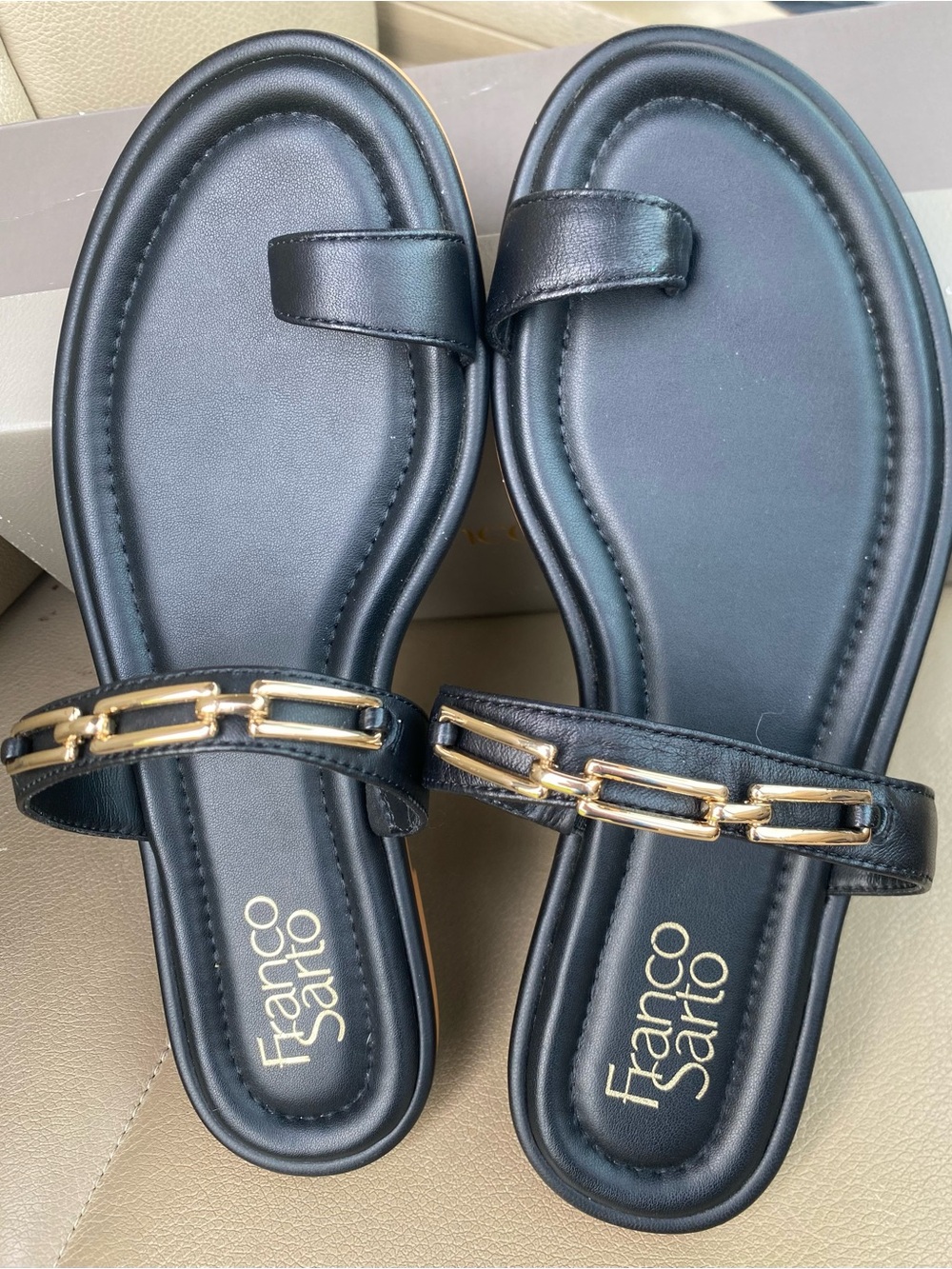 Franco Sarto Sz 8 Jade Black Slide Sandals with Gold Chain Accent